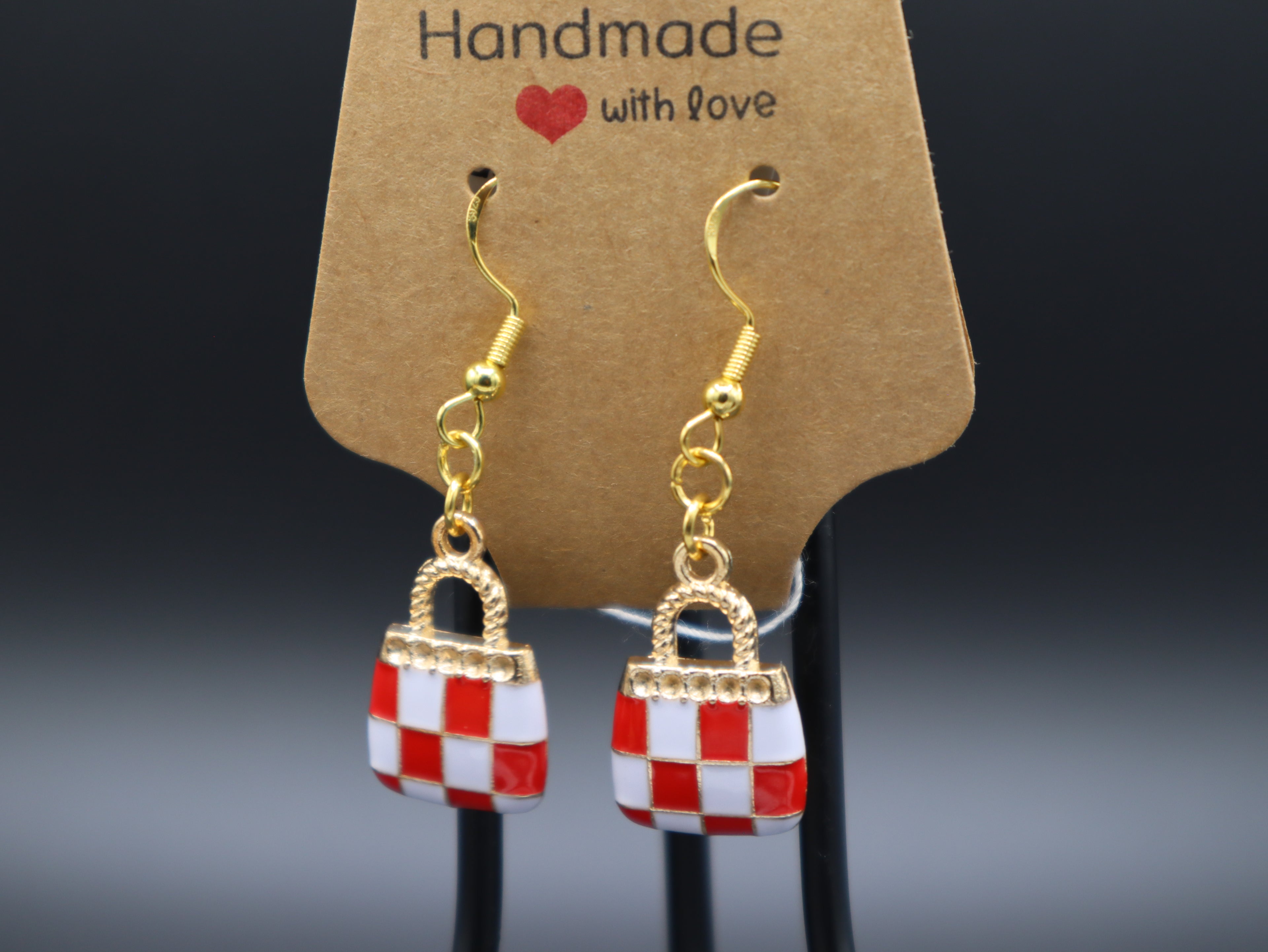 Checkered Hand Bag Earrings (Hypo-Allergenic)