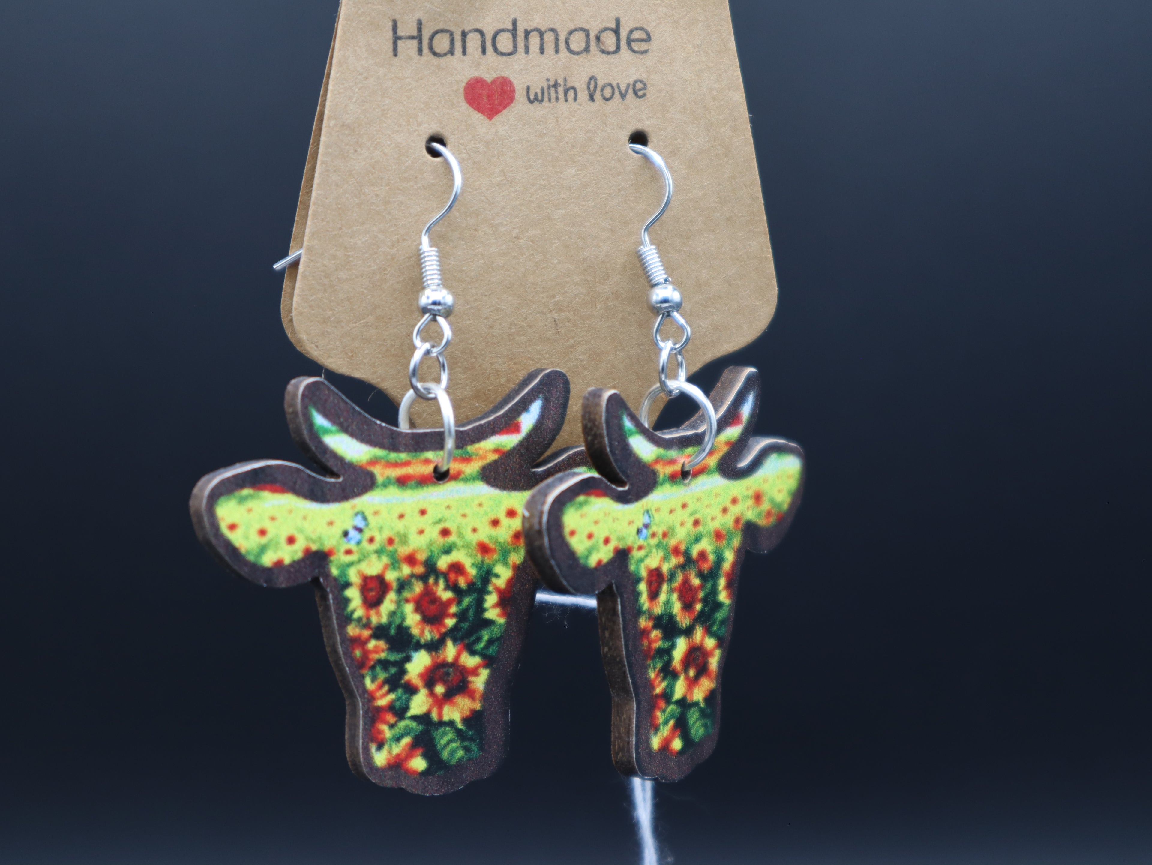 Western Wood Cow/Bull Head Earrings (Hypo-Allergenic)