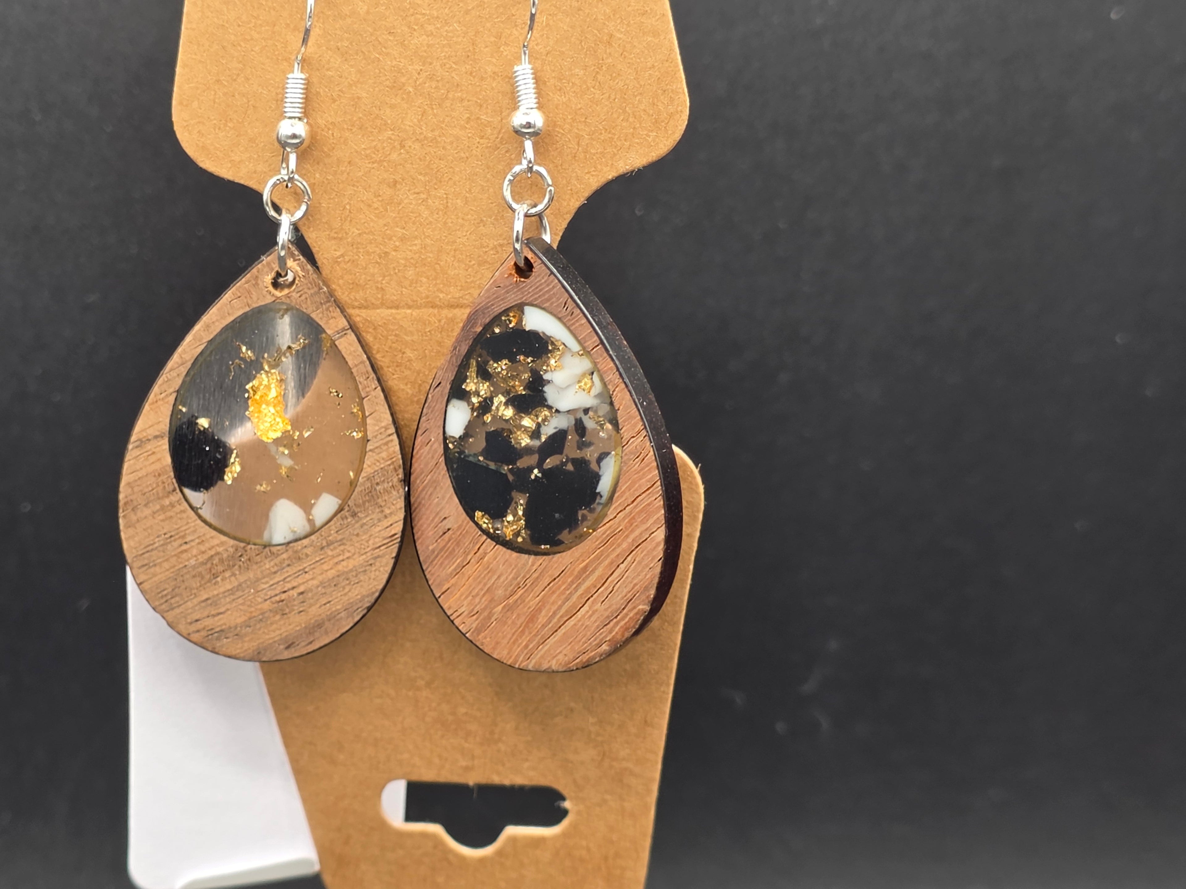 Black & White Marbled  wood Resin Earrings