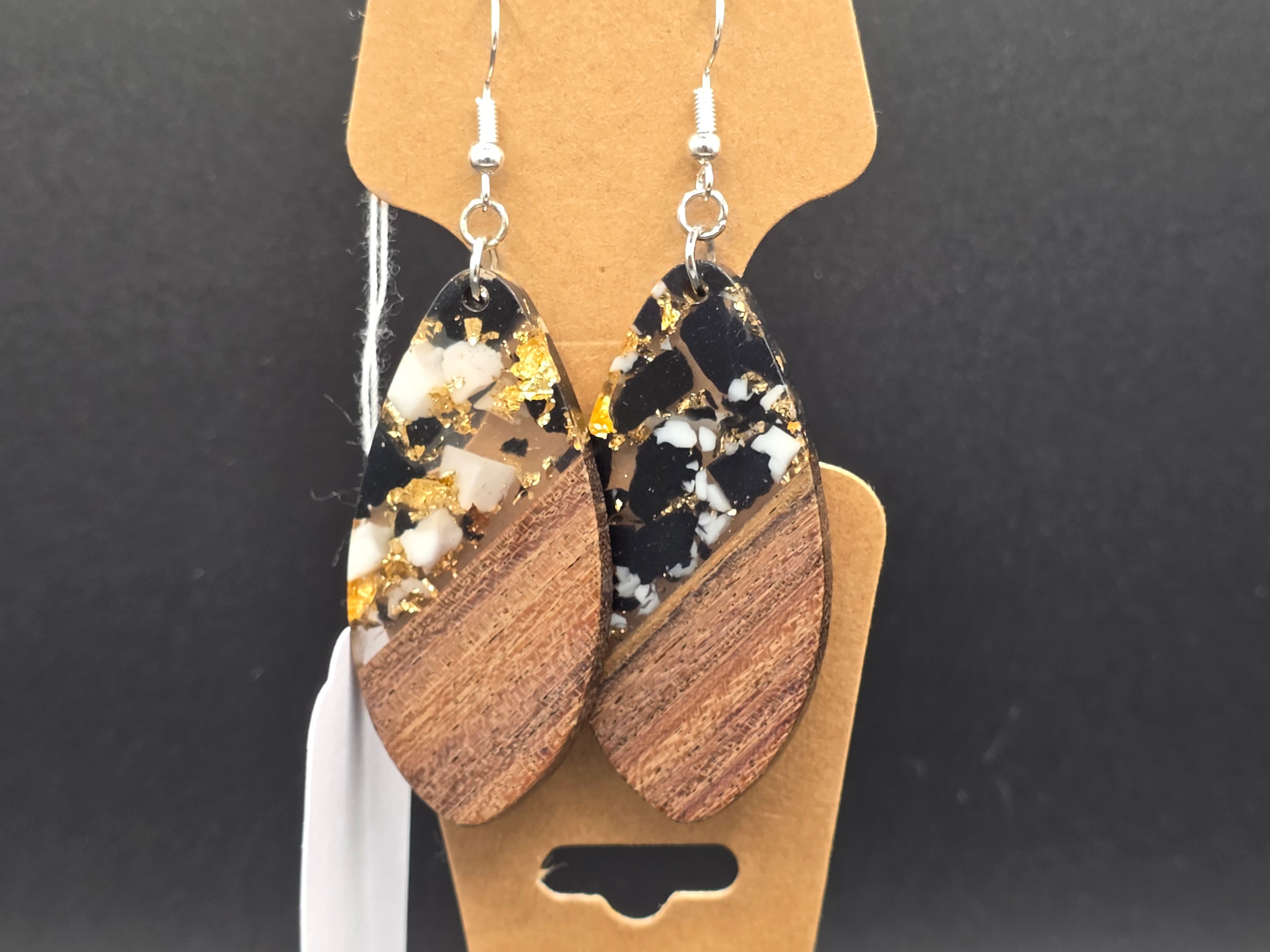 Black & White Marbled  wood Resin Earrings