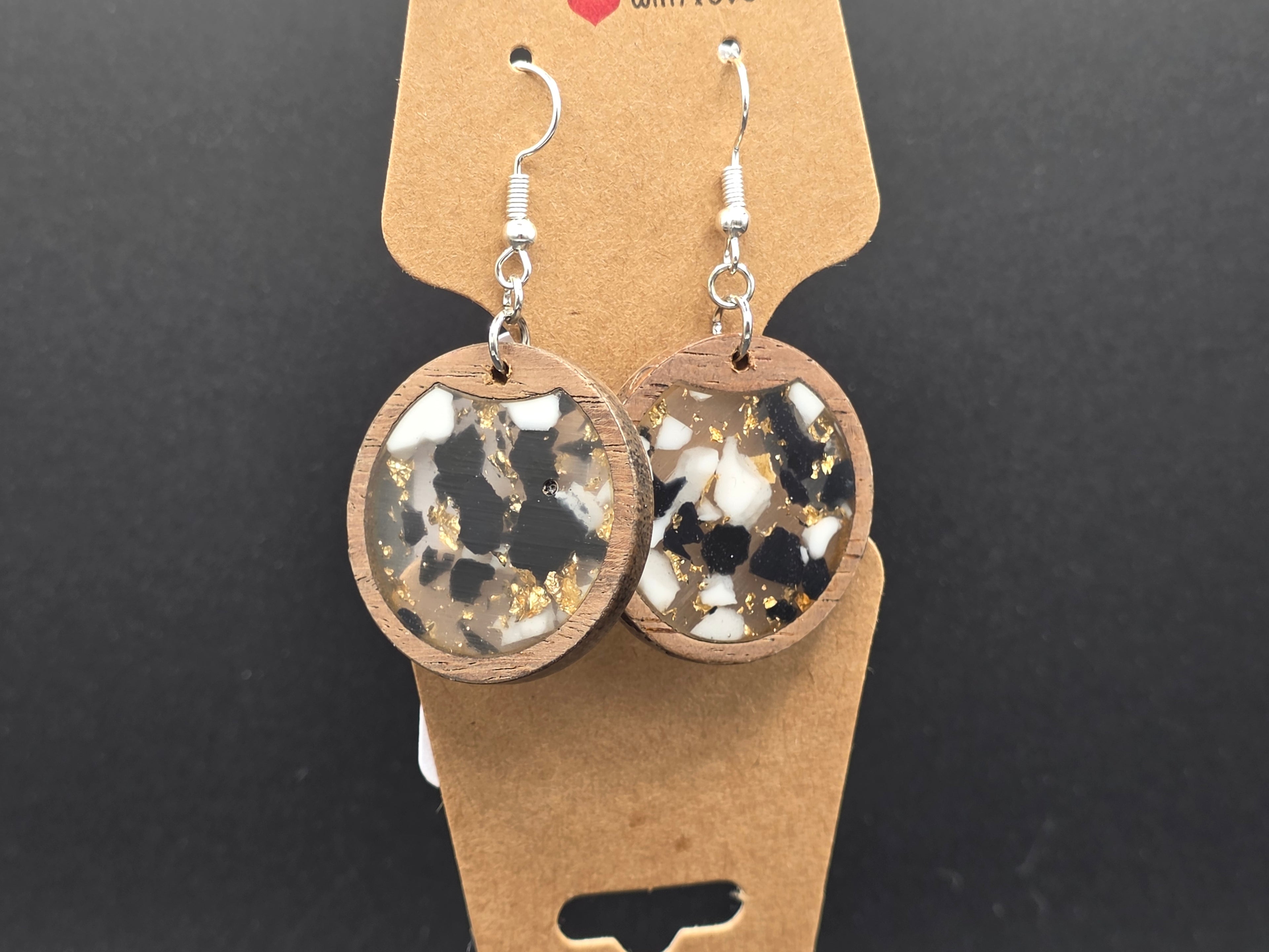 Black & White Marbled  wood Resin Earrings